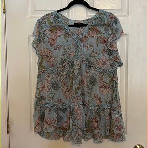 Sheer floral flutter-sleeve ruffle top